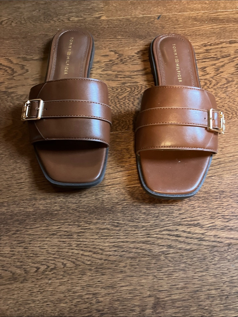 Tommy Hilfiger Cognac Leather Slide Sandals with TH Buckle; with free hair pins